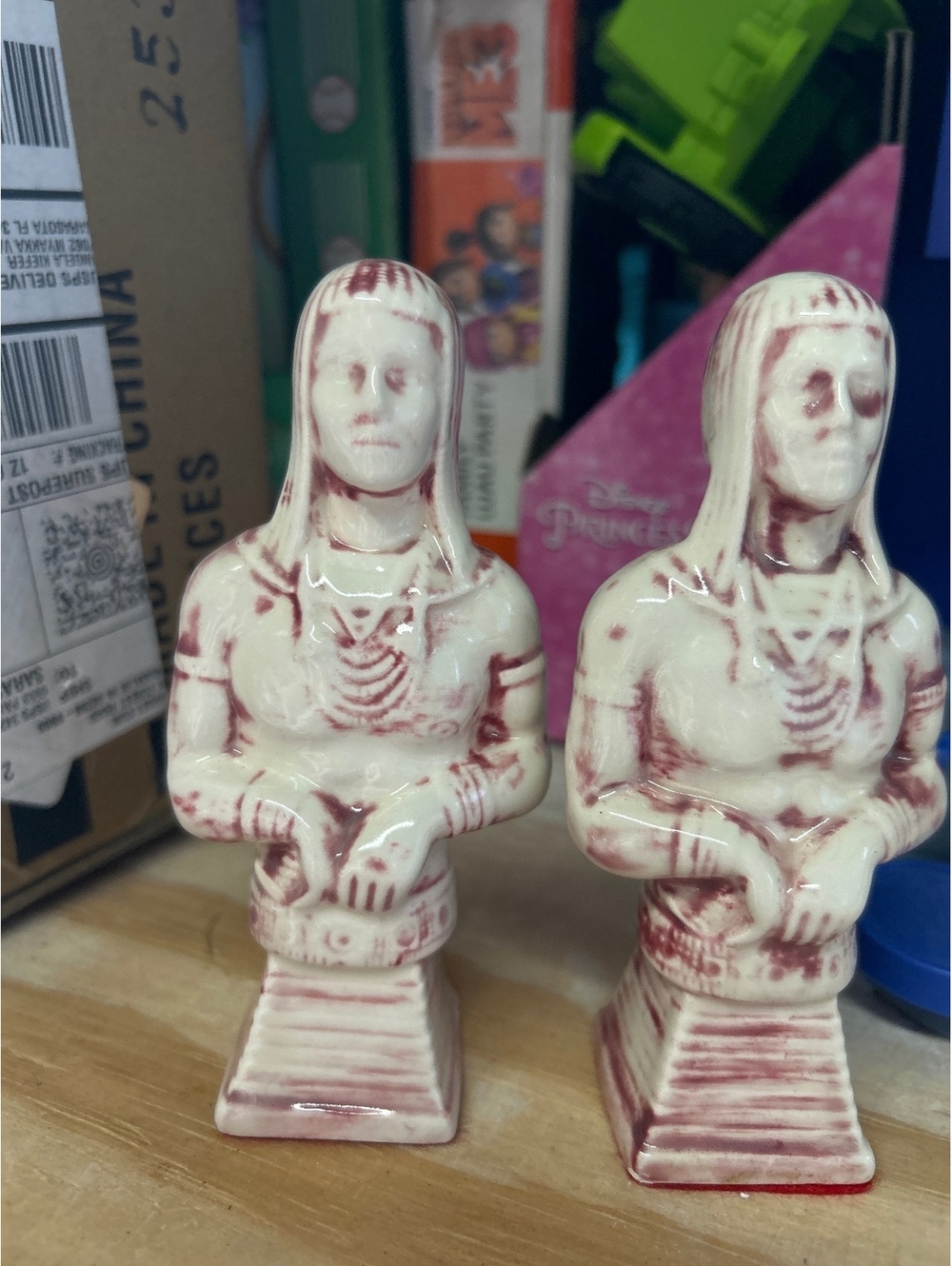 Set of 2 Vintage Ceramic Egyptian Pharaoh Busts with Red Felt Base